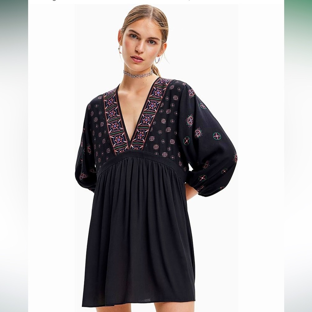 Desigual printed low deep v sleeve mini dress